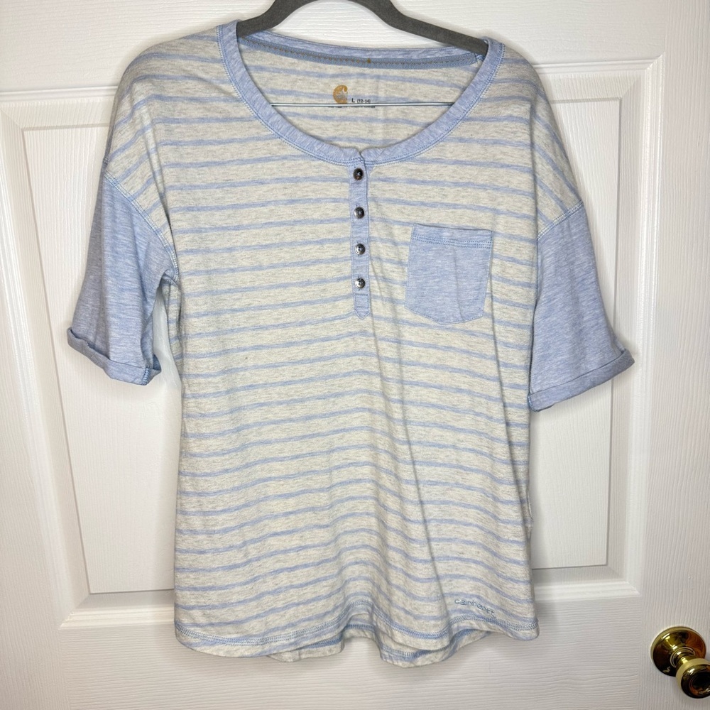 Carhartt Light Blue and White Striped Shirt Size Large (12-14) GUC